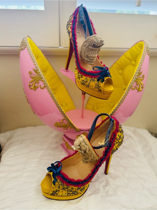 Christian Louboutin Shoes - Christian Louboutin Yellow Embroidered Peep-Toe Platform Heels with Navy Trim